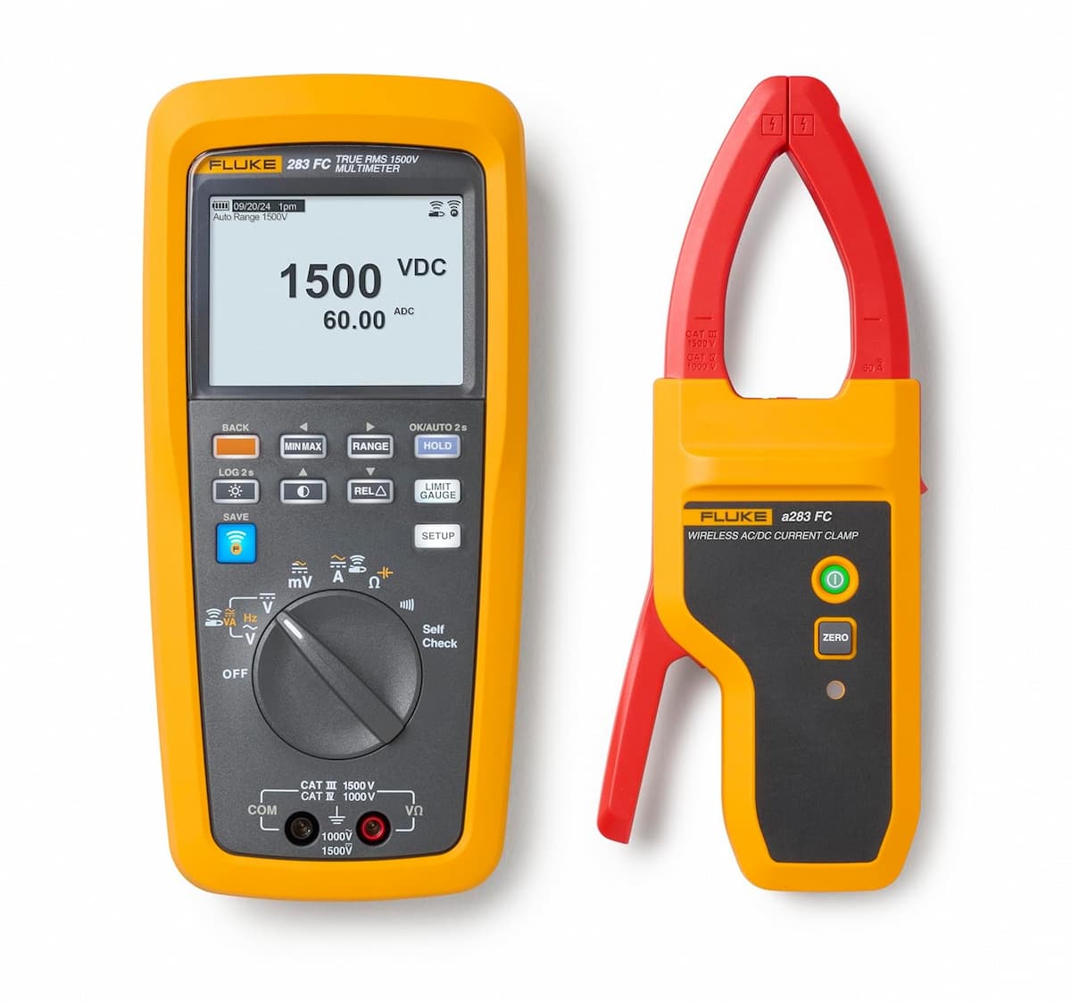 imagen principal de producto Multímetro inalámbrico CAT III de 1500 V, TRMS CAT IV de 1000 V, Conjunto solar com multímetro, pinza amperimétrica inalámbrica CA/CC de 60 A FLUKE-283FC/PV